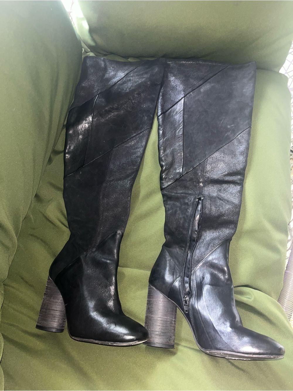 Free People Women's Black Patchwork Leather and Suede Knee-High Block Heel Boots
